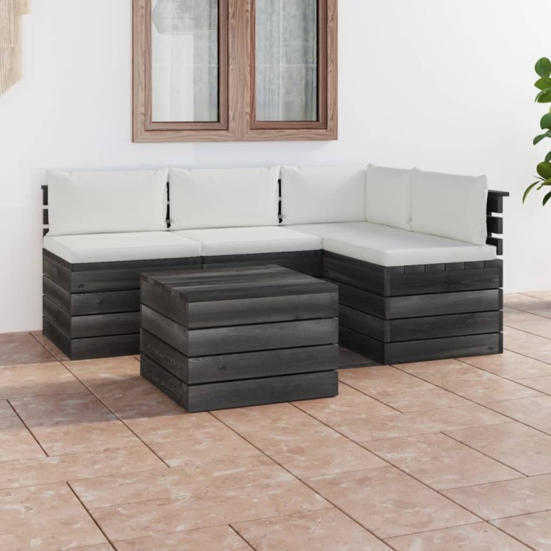 vidaXL Muebles de palés de jardín 5 piezas cojines madera maciza pino vidaXL Muebles de palés de jardín 5 piezas cojines madera maciza pino