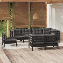 vidaXL Muebles de jardín 8 pzas y cojines negro madera maciza de pino