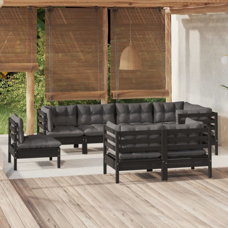 vidaXL Muebles de jardín 8 pzas y cojines negro madera maciza de pino vidaXL Muebles de jardín 8 pzas y cojines negro madera maciza de pino