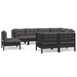 vidaXL Muebles de jardín 8 pzas y cojines negro madera maciza de pino
