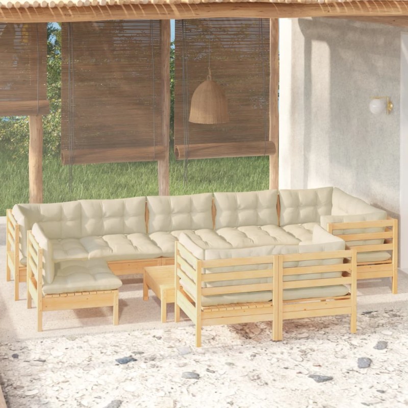vidaXL Muebles de jardín 10 pzas y cojines madera maciza de pino crema vidaXL Muebles de jardín 10 pzas y cojines madera maciza de pino crema