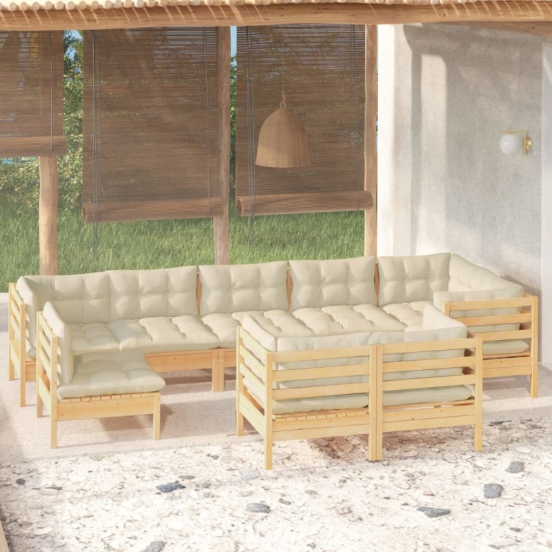 vidaXL Muebles de jardín 9 pzas y cojines madera maciza de pino crema vidaXL Muebles de jardín 9 pzas y cojines madera maciza de pino crema