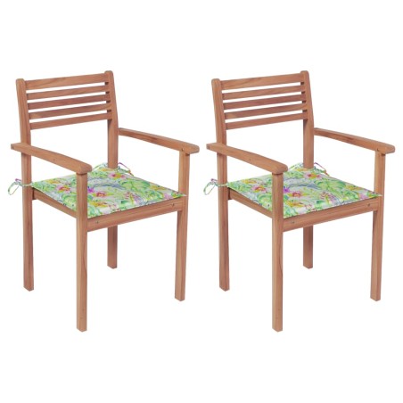 vidaXL Sillas de jardín 2 uds madera teca con cojines estampado hojas