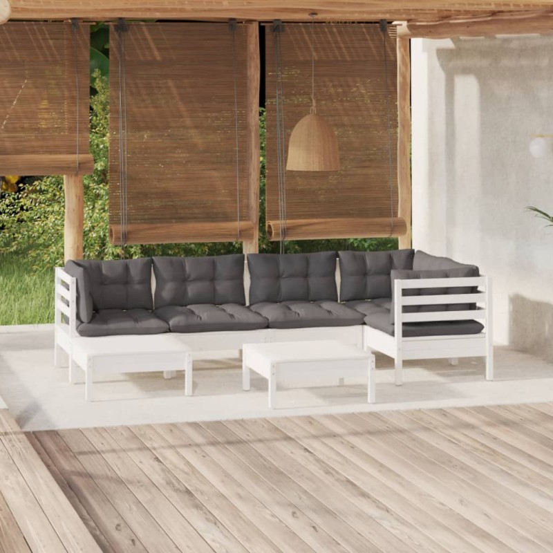 vidaXL Muebles de jardín 7 pzas y cojines blanco madera maciza de pino