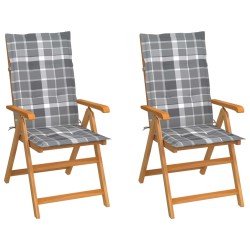 vidaXL Sillas de jardín 2 uds con cojines cuadros gris madera de teca