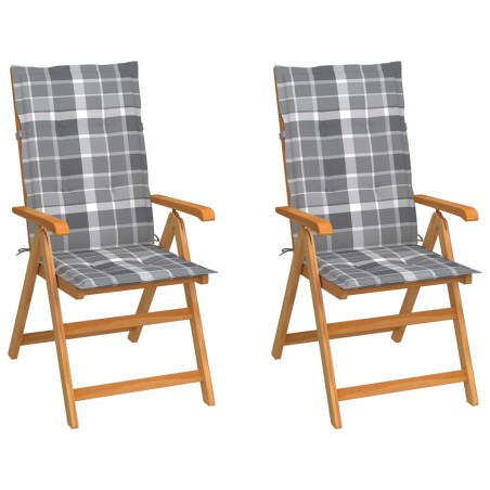 vidaXL Sillas de jardín 2 uds con cojines cuadros gris madera de teca