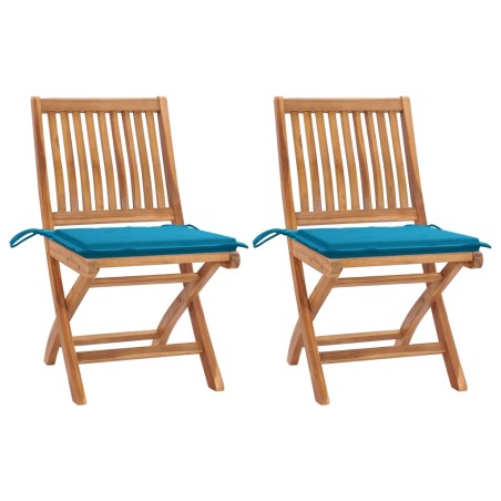vidaXL Sillas de jardín 2 unidades con cojines azul madera de teca