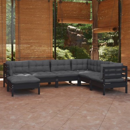 vidaXL Muebles de jardín 7 pzas con cojines negro madera maciza pino