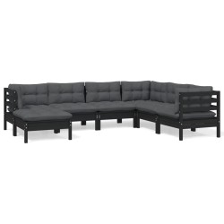 vidaXL Muebles de jardín 7 pzas con cojines negro madera maciza pino