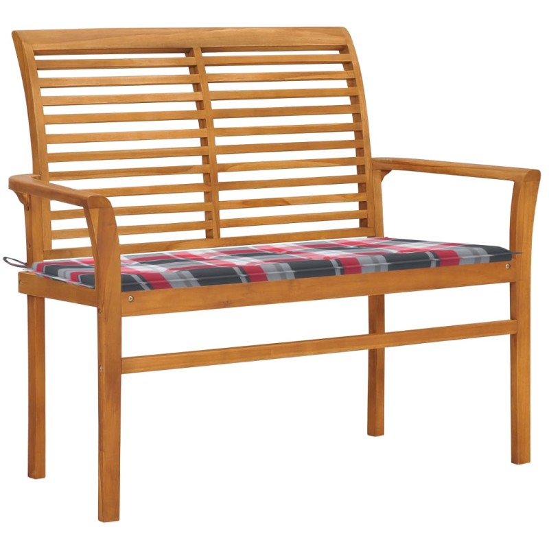 vidaXL Banco de jardín madera de teca con cojín a cuadros rojo 112 cm vidaXL Banco de jardín madera de teca con cojín a cuadros rojo 112 cm