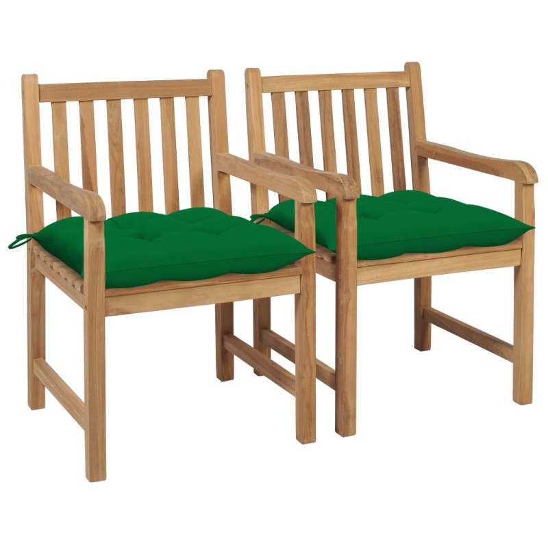 vidaXL Sillas de jardín 2 uds madera maciza de teca con cojines verdes vidaXL Sillas de jardín 2 uds madera maciza de teca con cojines verdes