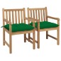 vidaXL Sillas de jardín 2 uds madera maciza de teca con cojines verdes vidaXL Sillas de jardín 2 uds madera maciza de teca con cojines verdes