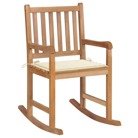 vidaXL Silla mecedora de madera maciza de teca con cojín color crema