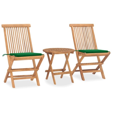 vidaXL Set comedor de jardín plegable 3 piezas madera de teca cojines