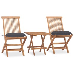 vidaXL Set comedor de jardín plegable 3 piezas madera de teca cojines
