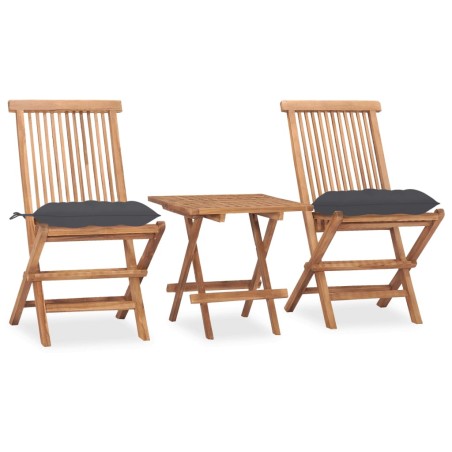 vidaXL Set comedor de jardín plegable 3 piezas madera de teca cojines