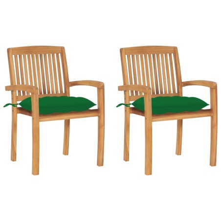 vidaXL Sillas de jardín 2 uds madera maciza de teca con cojines verdes