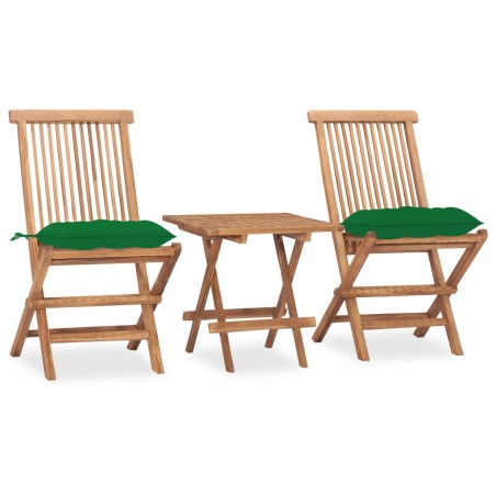 vidaXL Set comedor de jardín plegable 3 piezas madera de teca cojines