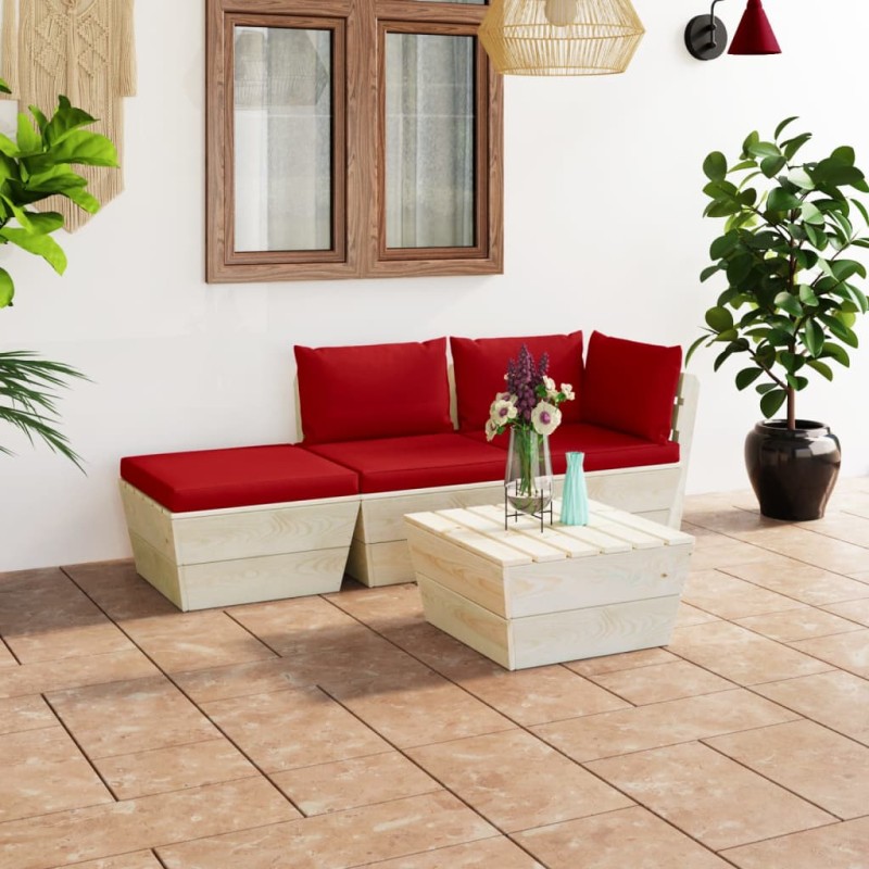 vidaXL Muebles de jardín de palets 4 pzas y cojines madera de abeto vidaXL Muebles de jardín de palets 4 pzas y cojines madera de abeto
