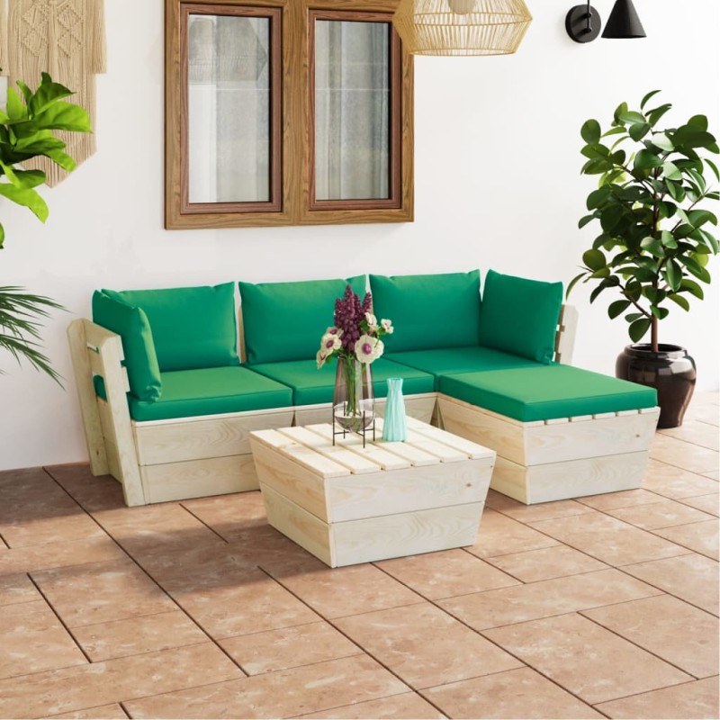 vidaXL Muebles de jardín de palets 5 pzas y cojines madera de abeto 