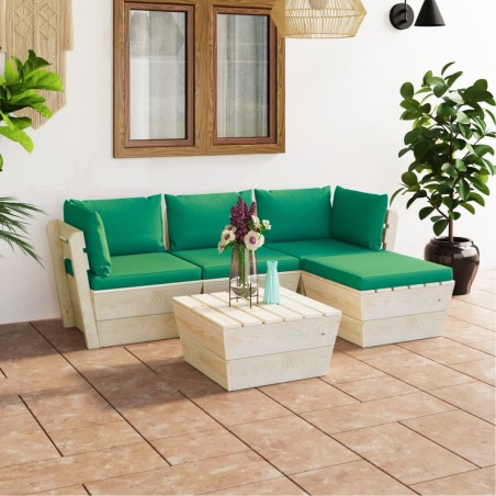 vidaXL Muebles de jardín de palets 5 pzas y cojines madera de abeto 