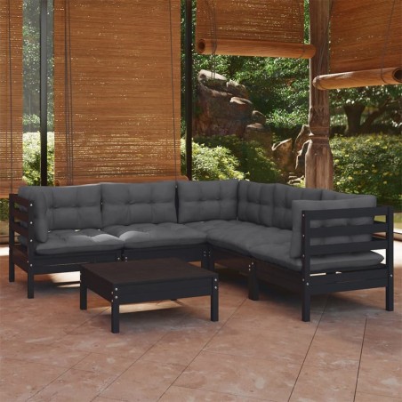 vidaXL Muebles de jardín 6 pzas con cojines negro madera maciza pino