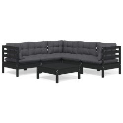 vidaXL Muebles de jardín 6 pzas con cojines negro madera maciza pino