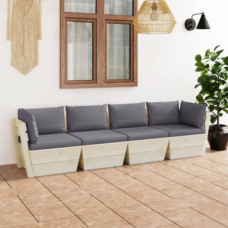 vidaXL Sofá de palets de jardín 4 plazas con cojines madera de abeto vidaXL Sofá de palets de jardín 4 plazas con cojines madera de abeto