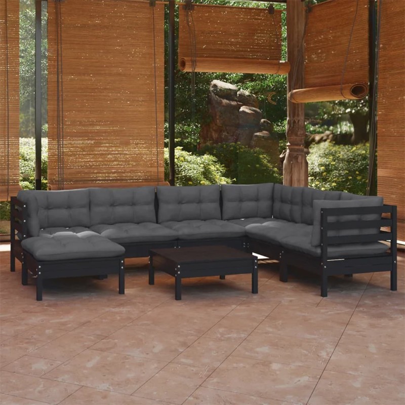 vidaXL Muebles de jardín 8 pzas y cojines negro madera maciza de pino vidaXL Muebles de jardín 8 pzas y cojines negro madera maciza de pino