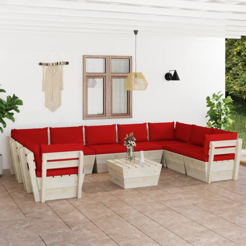 vidaXL Muebles de jardín de palés 10 piezas y cojines madera de abeto