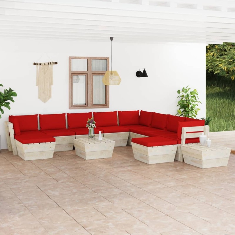 vidaXL Muebles de jardín de palets 12 pzas y cojines madera de abeto  