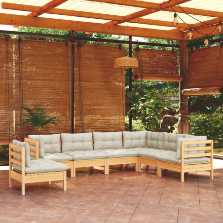 vidaXL Muebles de jardín 7 pzas y cojines madera maciza de pino crema