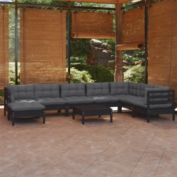 vidaXL Muebles de jardín 9 pzas y cojines negro madera maciza de pino