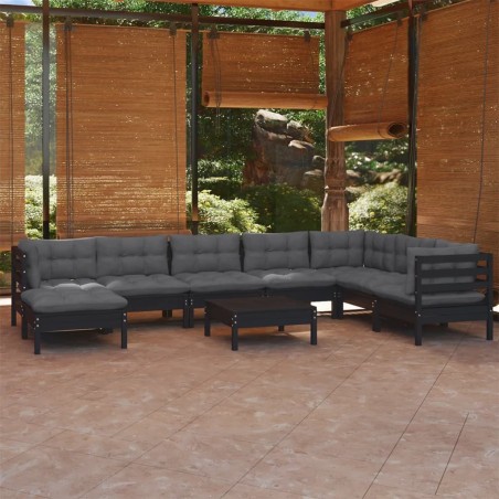 vidaXL Muebles de jardín 9 pzas y cojines negro madera maciza de pino