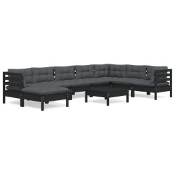 vidaXL Muebles de jardín 9 pzas y cojines negro madera maciza de pino