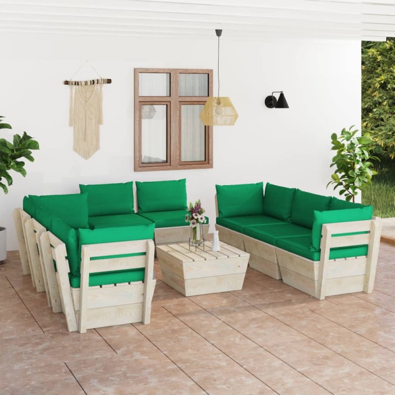 vidaXL Muebles de jardín de palets 9 piezas y cojines madera de abeto vidaXL Muebles de jardín de palets 9 piezas y cojines madera de abeto