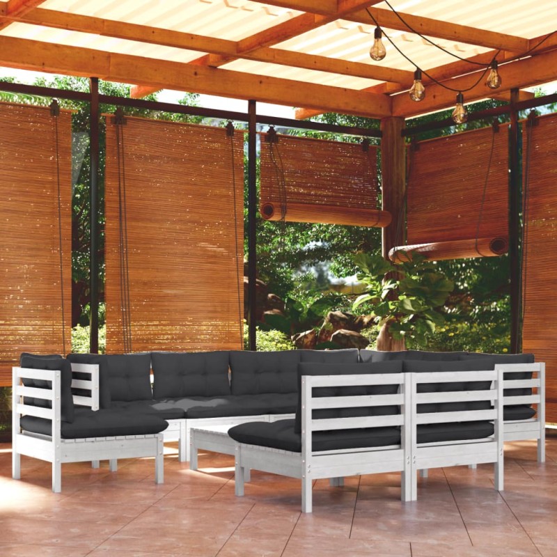 vidaXL Muebles de jardín 10 pzas con cojines blanco madera maciza pino vidaXL Muebles de jardín 10 pzas con cojines blanco madera maciza pino