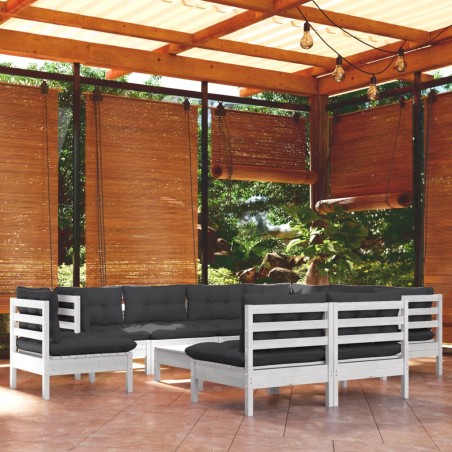 vidaXL Muebles de jardín 10 pzas con cojines blanco madera maciza pino