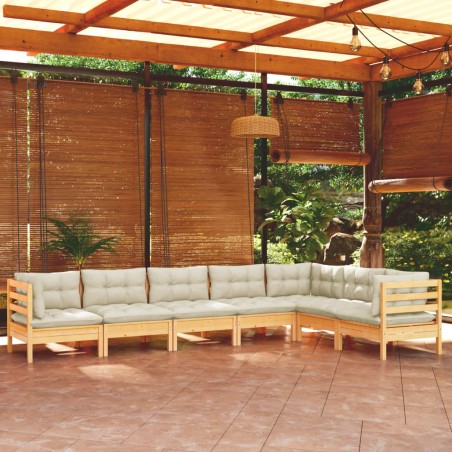 vidaXL Muebles de jardín 7 pzas y cojines madera maciza de pino crema