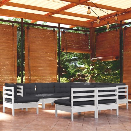vidaXL Muebles de jardín 9 pzas y cojines blanco madera maciza de pino