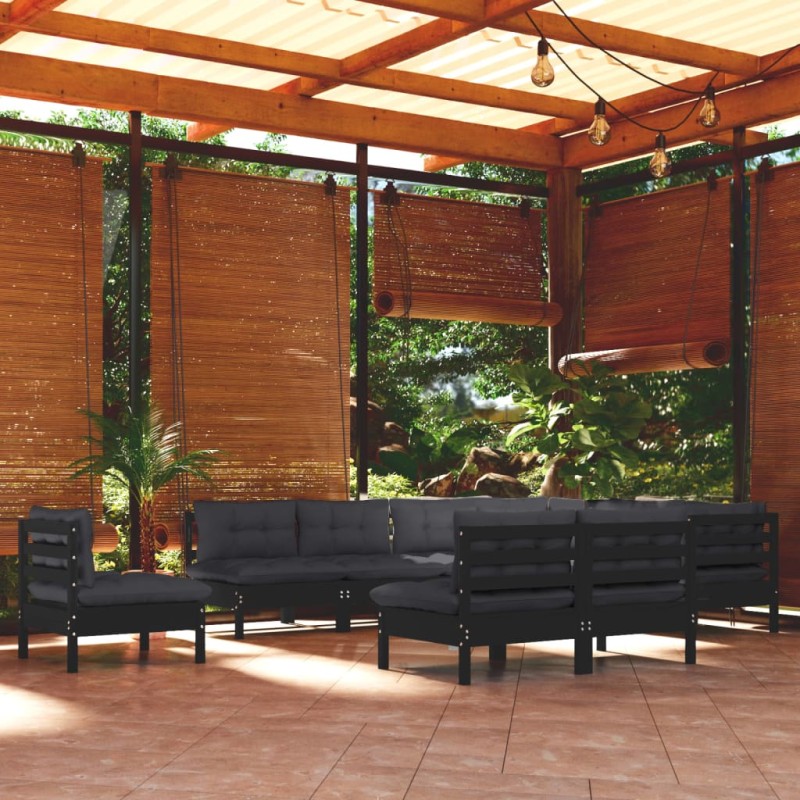 vidaXL Muebles de jardín 10 pzas y cojines negro madera maciza de pino vidaXL Muebles de jardín 10 pzas y cojines negro madera maciza de pino