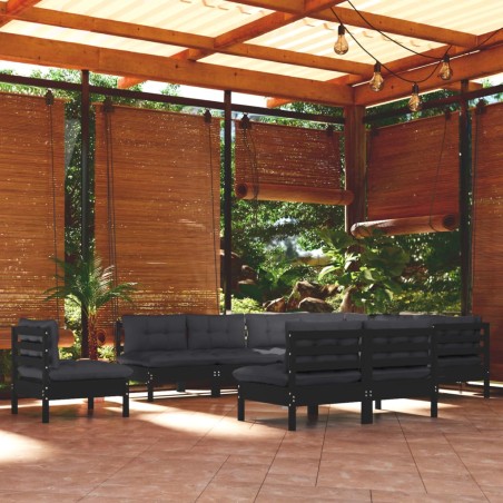 vidaXL Muebles de jardín 10 pzas y cojines negro madera maciza de pino