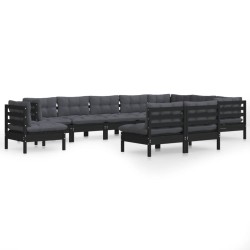 vidaXL Muebles de jardín 10 pzas y cojines negro madera maciza de pino
