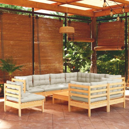 vidaXL Muebles de jardín 10 pzas y cojines madera maciza de pino crema