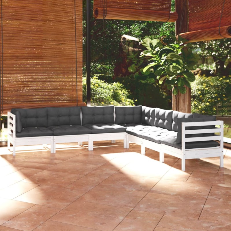 vidaXL Muebles de jardín 7 pzas y cojines blanco madera maciza de pino