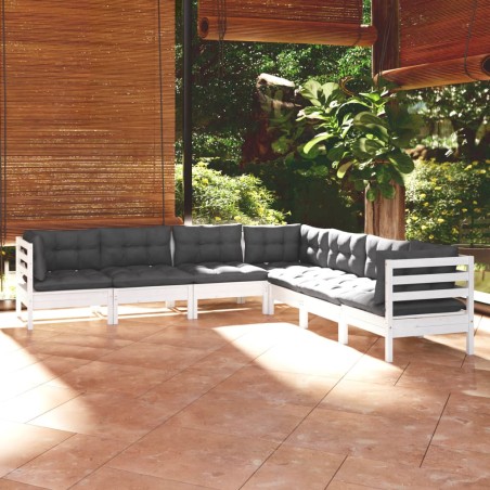 vidaXL Muebles de jardín 7 pzas y cojines blanco madera maciza de pino