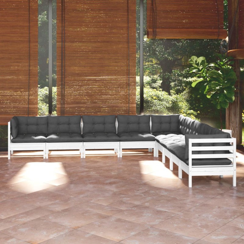vidaXL Muebles de jardín 9 pzas y cojines blanco madera maciza de pino vidaXL Muebles de jardín 9 pzas y cojines blanco madera maciza de pino