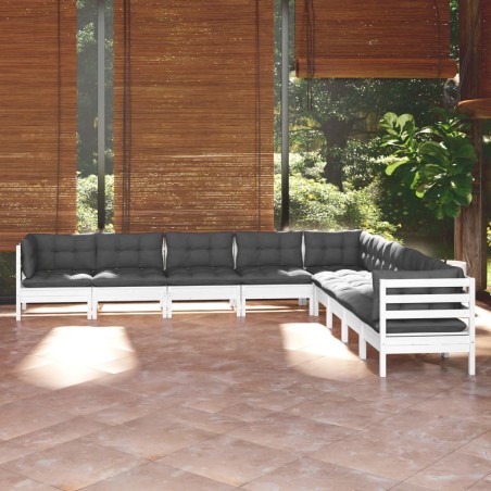 vidaXL Muebles de jardín 9 pzas y cojines blanco madera maciza de pino