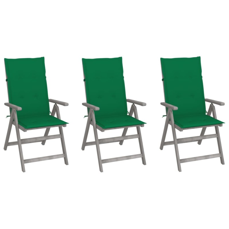 vidaXL Sillas de jardín reclinables 3 uds madera maciza acacia cojines