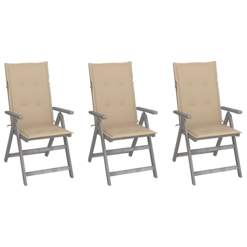 vidaXL Sillas de jardín reclinables 3 uds madera maciza acacia cojines